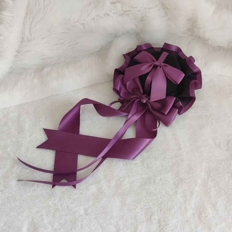 Gothic Lolita Mini Hat Set – Black Purple Rose Lace Headpiece with Bow Clip, Wrist Cuffs & Hairband Accessories for Cosplay or C