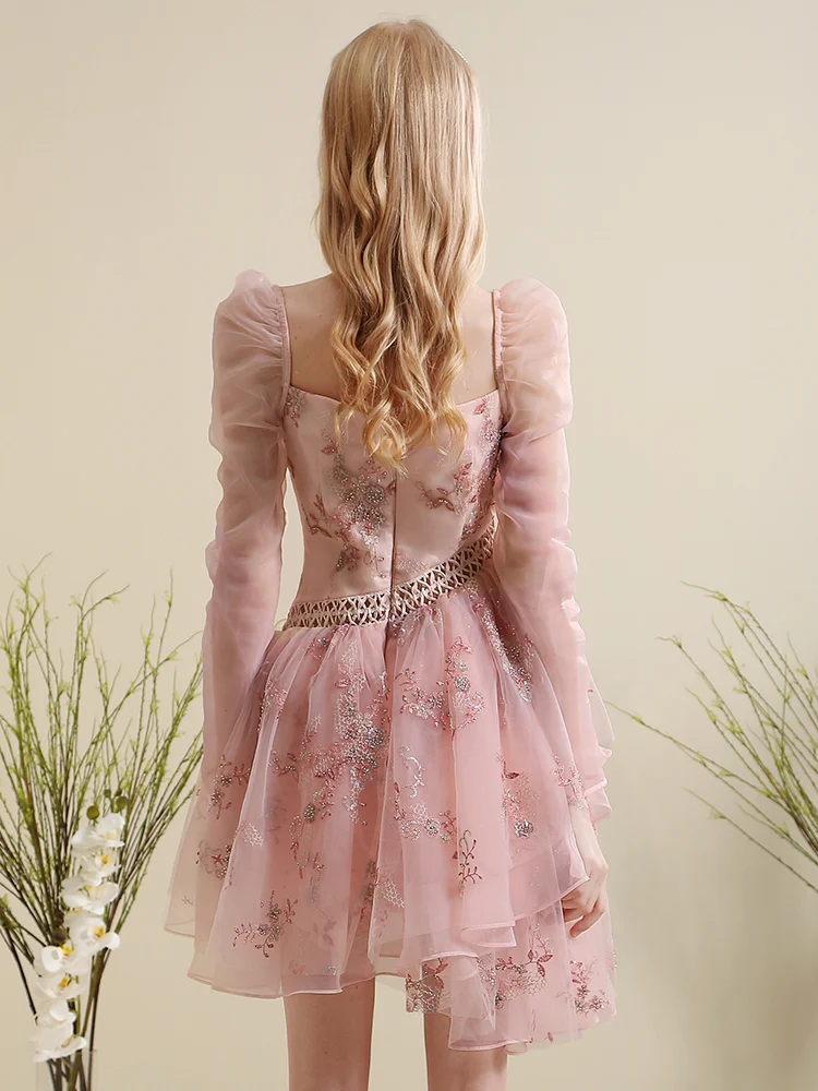 Designer Model French Suit Sweet Pink Dress Women Spring Summer Sequin Embroider Square Collar High Waist Irregular Midi Dress