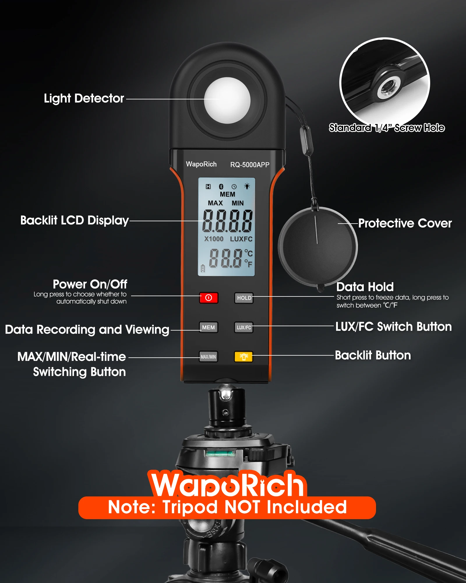 Digital Lux Meter 400000 Lux Light Meter Separate Sensor Bluetooth APP Data Logging for Home Office School Lab