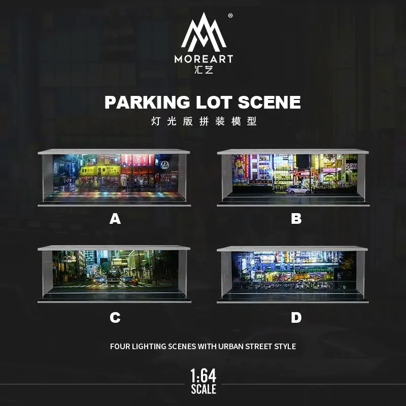 MoreArt 1/64 Simulated Parking Lot Street Scene Miniature Diorama Car Garage PVC Assembly with Light Parking Space Model Display