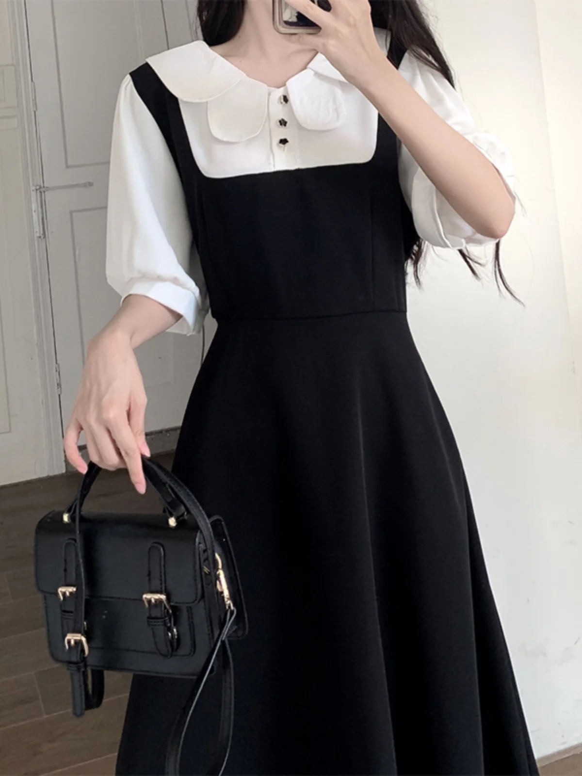 

Plus Size plus Size Summer Faion Doll Collar Apparels Korean Sle High Waist A-Line Midi Skirt Conceal Meat Waist a Dres