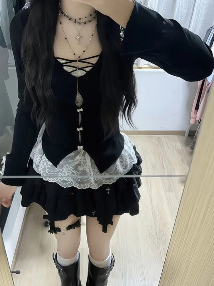 

Осень 2025 г., сладкий комплект из 2 предметов в японском стиле, кружевные топы с длинными рукавами + шикарная юбка-тортик, комплект женской эстетической модной облегающей одежды