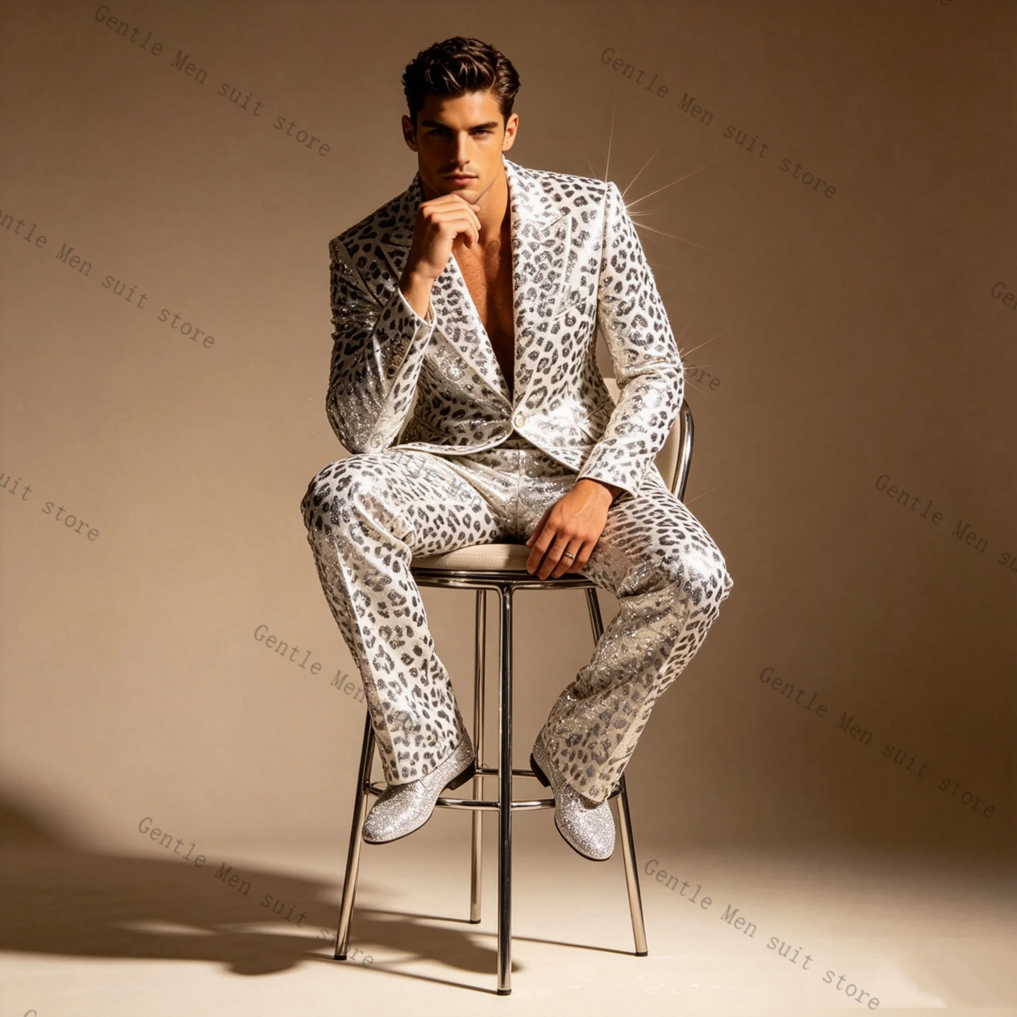 Sequins Leopard Print Men Suit Set 2 Pcs Blazer+Pants Trousers Wedding Tuxedos Formal Office Business Jacket Coat Customized