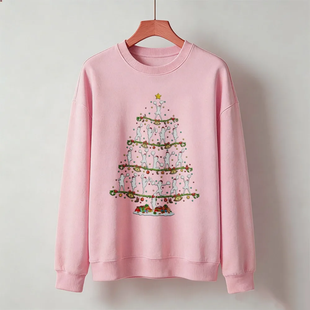 Cheerleader Silhouette Christmas Tree Graphic Long Sleeve Pullover Casual Winter Xmas Holiday Women Crew Neck Sweatshirt Tops