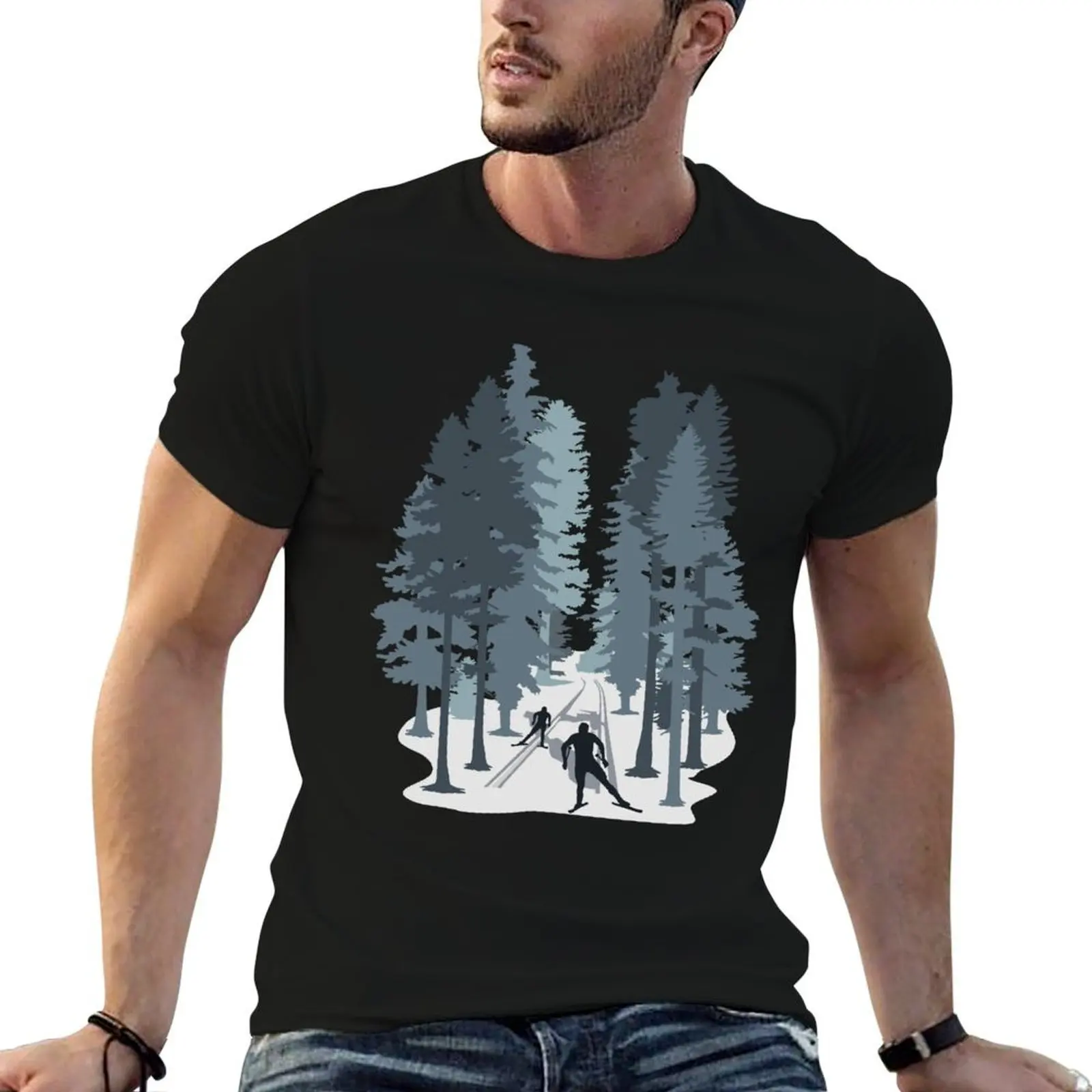 

Cross-country skiing, cross country skier and winter forest landscape T-Shirt man t shirt luxury t shirt custom print T-Shirt