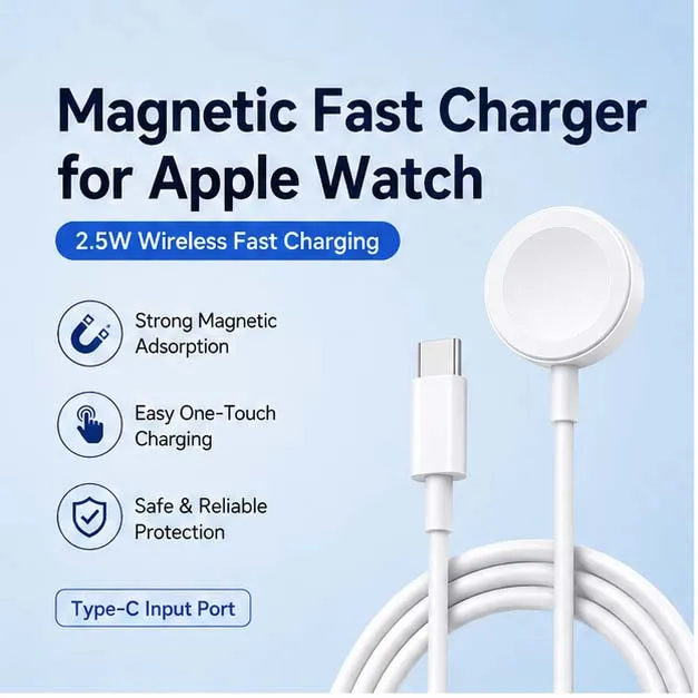 2.5W Magnetic Wireless Charger for Apple Watch Series 10 9 8 7 6 5 SE Ultra2 USB Type-C Charging Cable Smart Watch Charging Dock