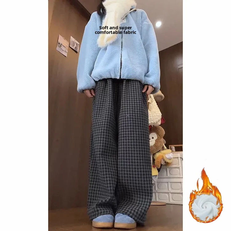 الرجعية ey منقوشة Thiened Fce المرأة مستقيم الساق سراويل تقليدية الخريف الشتاء جديد Sle عالية الخصر واسعة الساق الكورية Sle