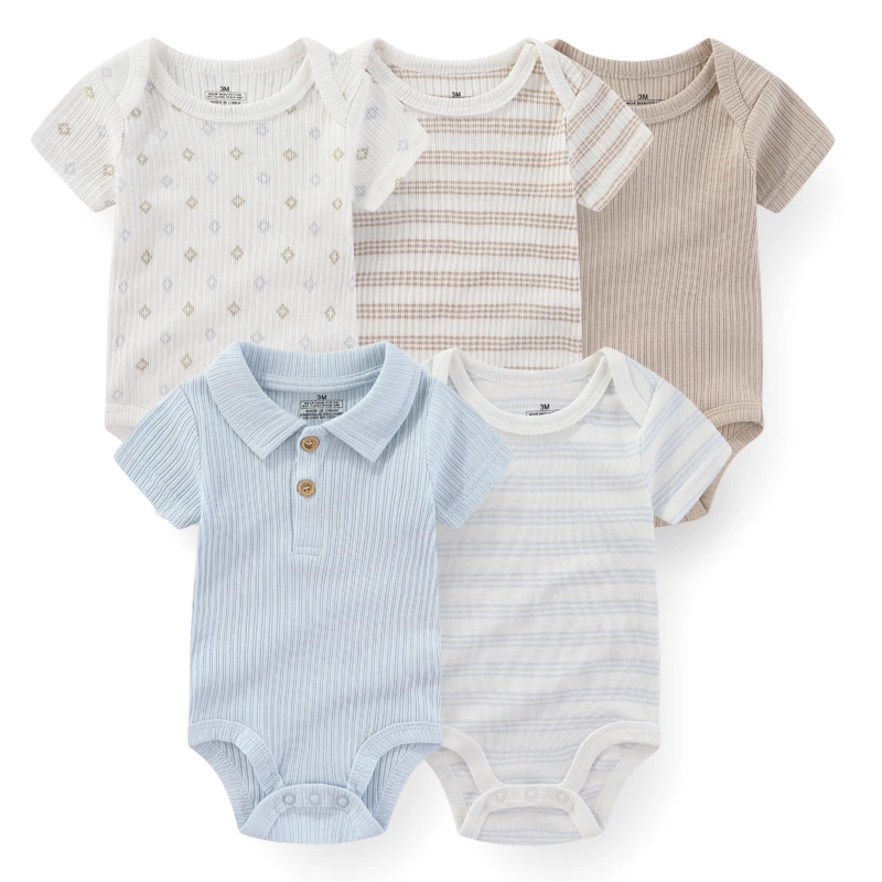 

5Pieces Unisex New Born Bodysuits Print Summer Cotton Baby Girl Clothes Sleeveless Cartoon Baby Boy Clothes Set Solid Color