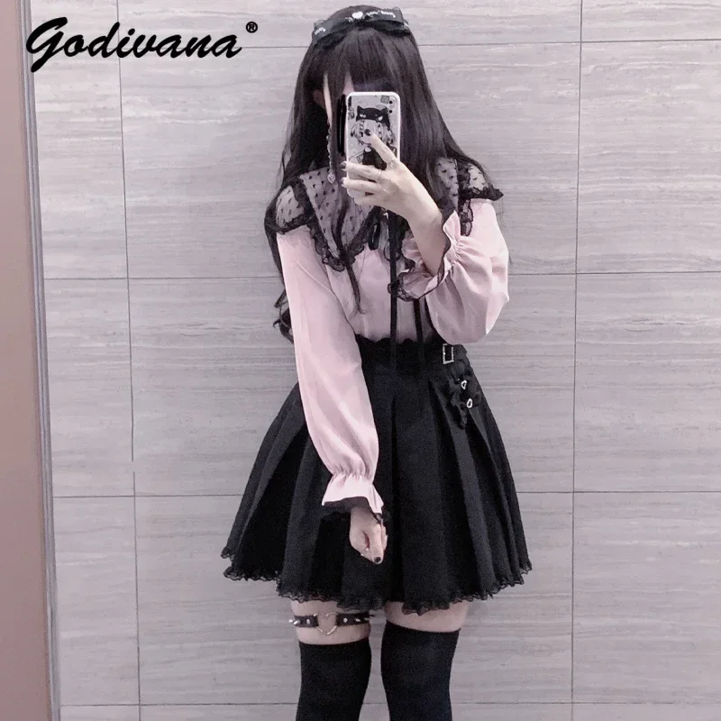 

Mine Mass-Produced Hollow-out Lace Lapel Pink Shirt Women Spring Autumn Sweet Lolita Off-Shoulder Zipper Blouse Top Girls