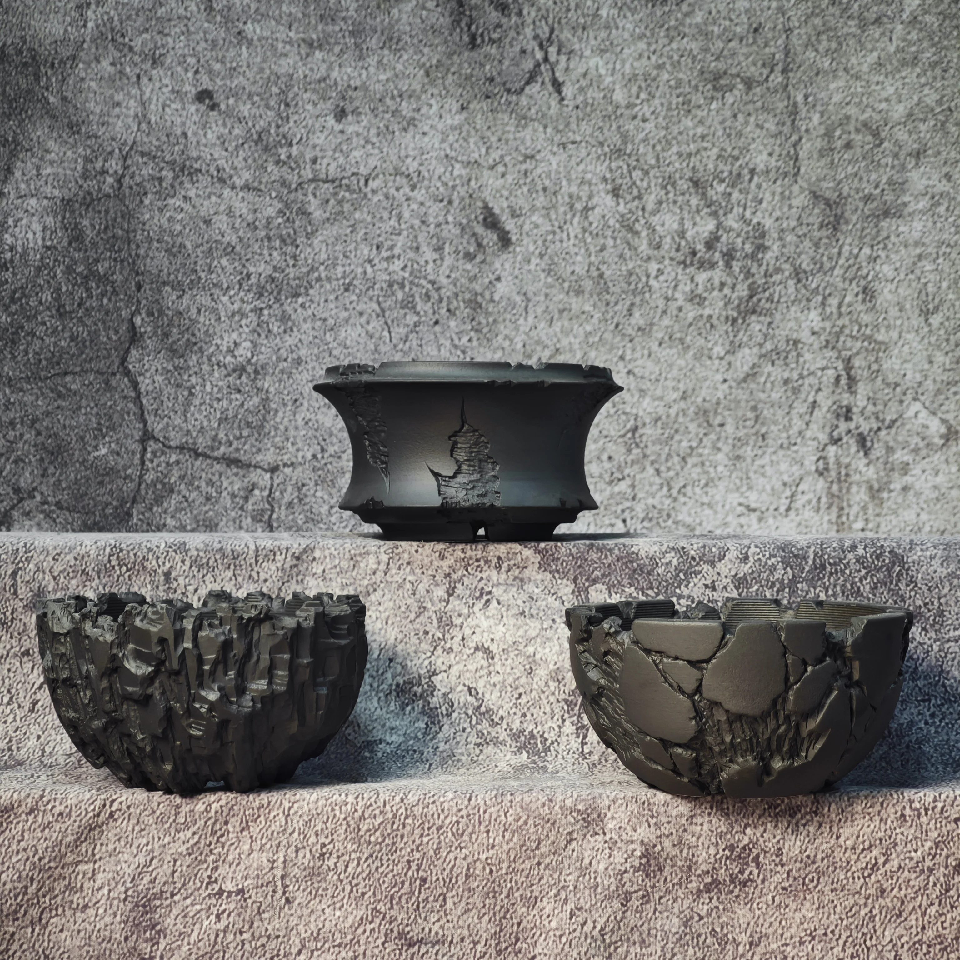 High Quality Glazed Ceramic Planter with Hand-Carved Texture, Black Caudex & Bonsai Plant Pot, Indoor Home Decor  Flower Pot