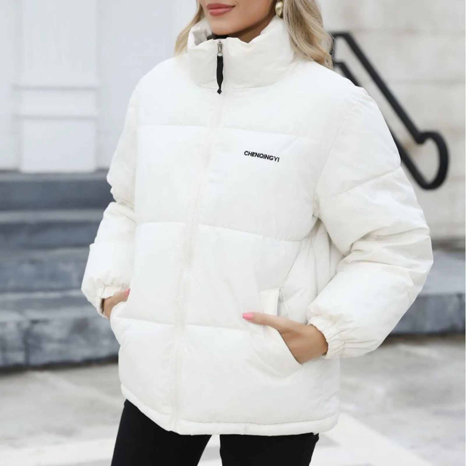 Women's Warm Jacket Winter New Stand Collar Long Sleeve Zipper Pocket Windproof Casual Cotton Padded Coat Outdoor Parkas