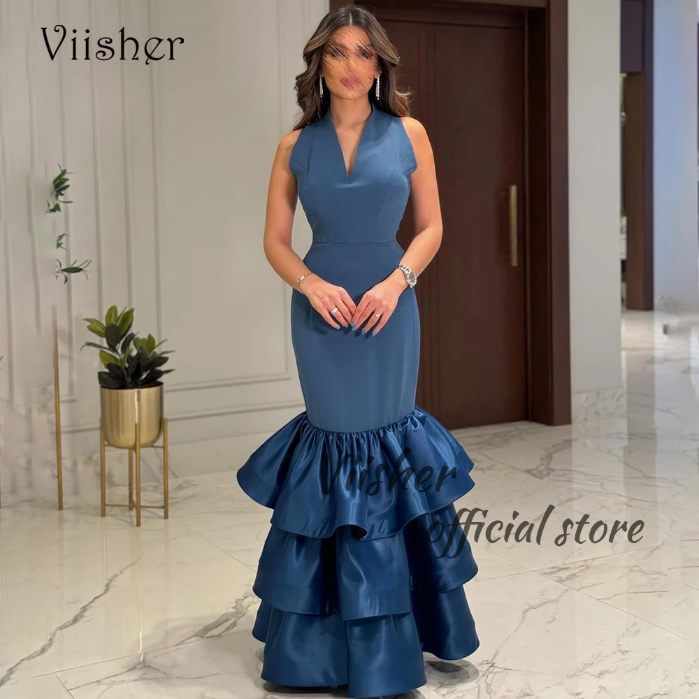 

Viisher Arabian Dubai Mermaid Evening Dresses for Women Halter Satin Formal Occasion Dress Floor Length Evening Party Gowns