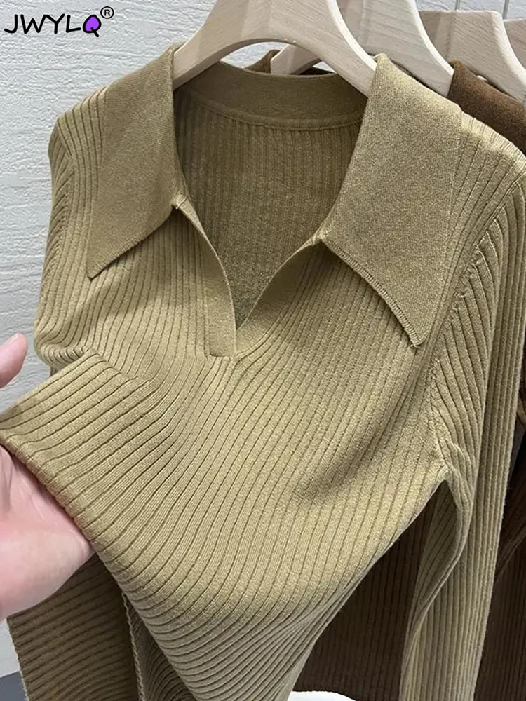 Suéter de punto de manga larga para mujer, Jersey delgado con cuello tipo Polo, Color sólido, básico, suelto, primavera y otoño