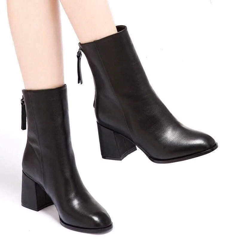 

2023 New Spring and Autumn Round Head Back Zipper Nude Boots Women's High-heeled All-match Black Square-heeled Short Boots Women