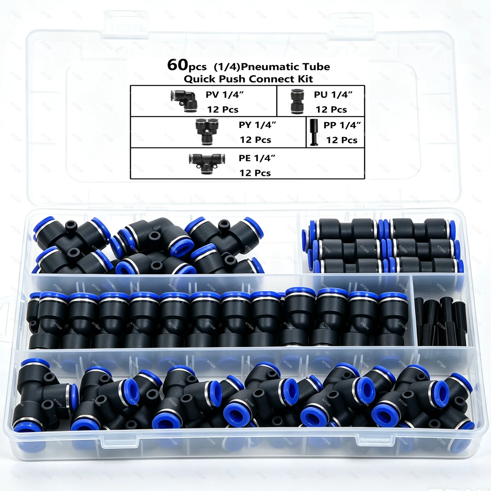 60pcs 1/4 Inch OD Universal Quick Release Pneumatic Push to Connect Fittings Kit - Durable Plastic Air Hose Fittings with 15 Spl