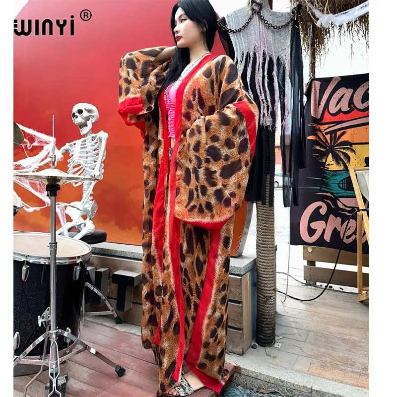 2023 WINYI leopard print semi-prospettiva cardigan sexy Africa beach wear cover-up kimono beach outfits for women holiday dress