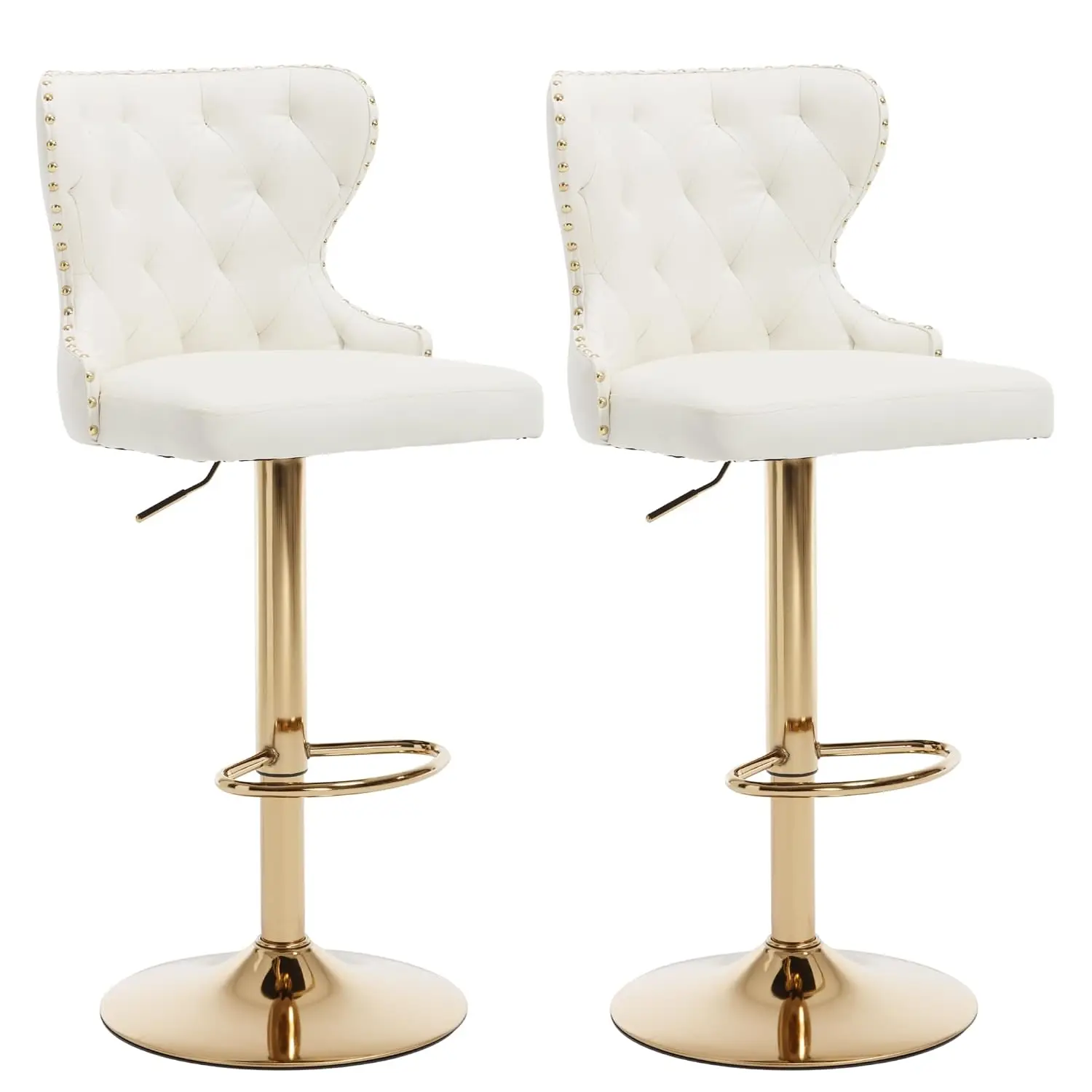 2 Adjustable Swivel Bar Stools, Faux Leather Counter Chair with High Back & Nailhead Trim, Gold Metal Legs, Customized