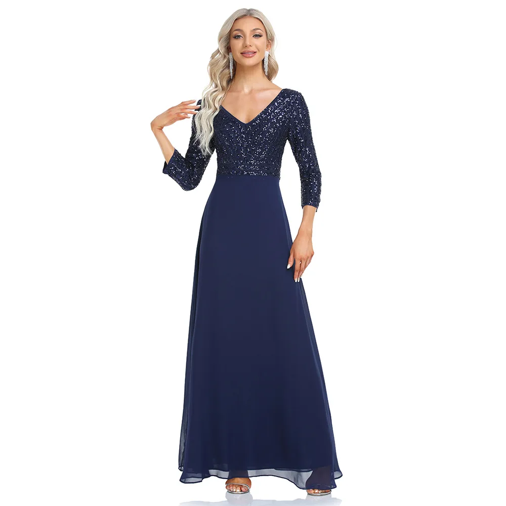 Elegante vestido de lantejoula manga comprida feminino formal, Azul Chiffon, Linha A, Decote V, Festa de Casamento, Graduação, Formatura, Mulheres, 2024