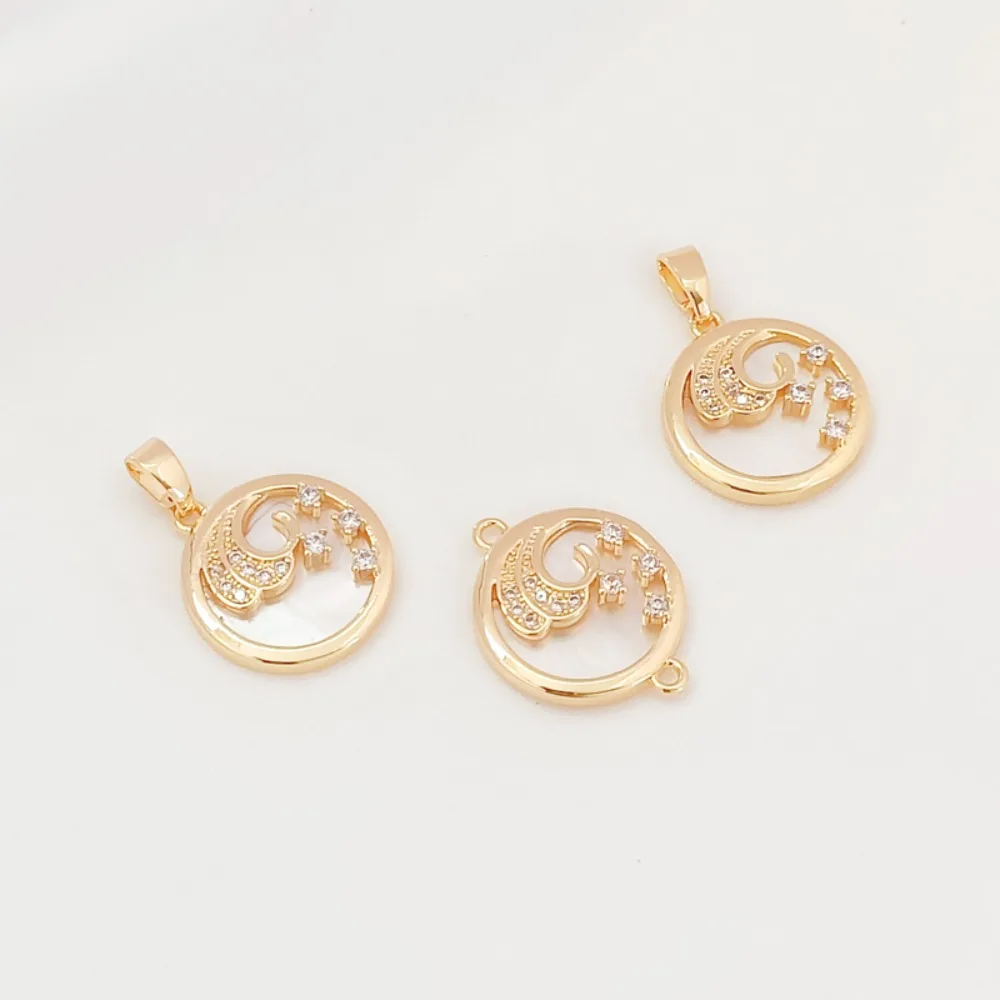 14K Copper Plated Gold Zirconium Bevel Wave Ring Pendant, DIY Handcrafted Bracelet Necklace, Double Hanging Connection Pendant