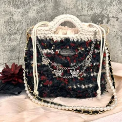 MS Pure Handmade Crochet Bag for Women High Quality Wool Blended Yarn French Handbag Underarm Pouch Chic Ladies Purses New 2023