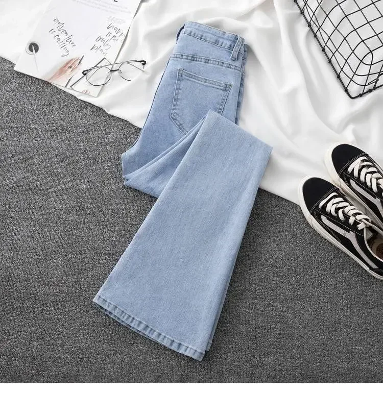 Lightweight wash, women's slim-fitting high-waisted flared pants, elastic casual pants, small size, jeans suitable for autumn