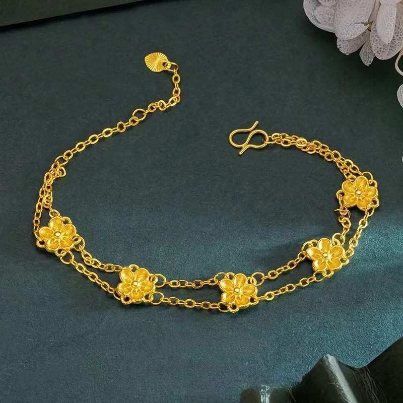 

Luxury 24K 9999 Pure Gold real gold Double-Row Small Cherry Blossom Bracelet Women's Light Luxury Double-Layer Flower Bracelet