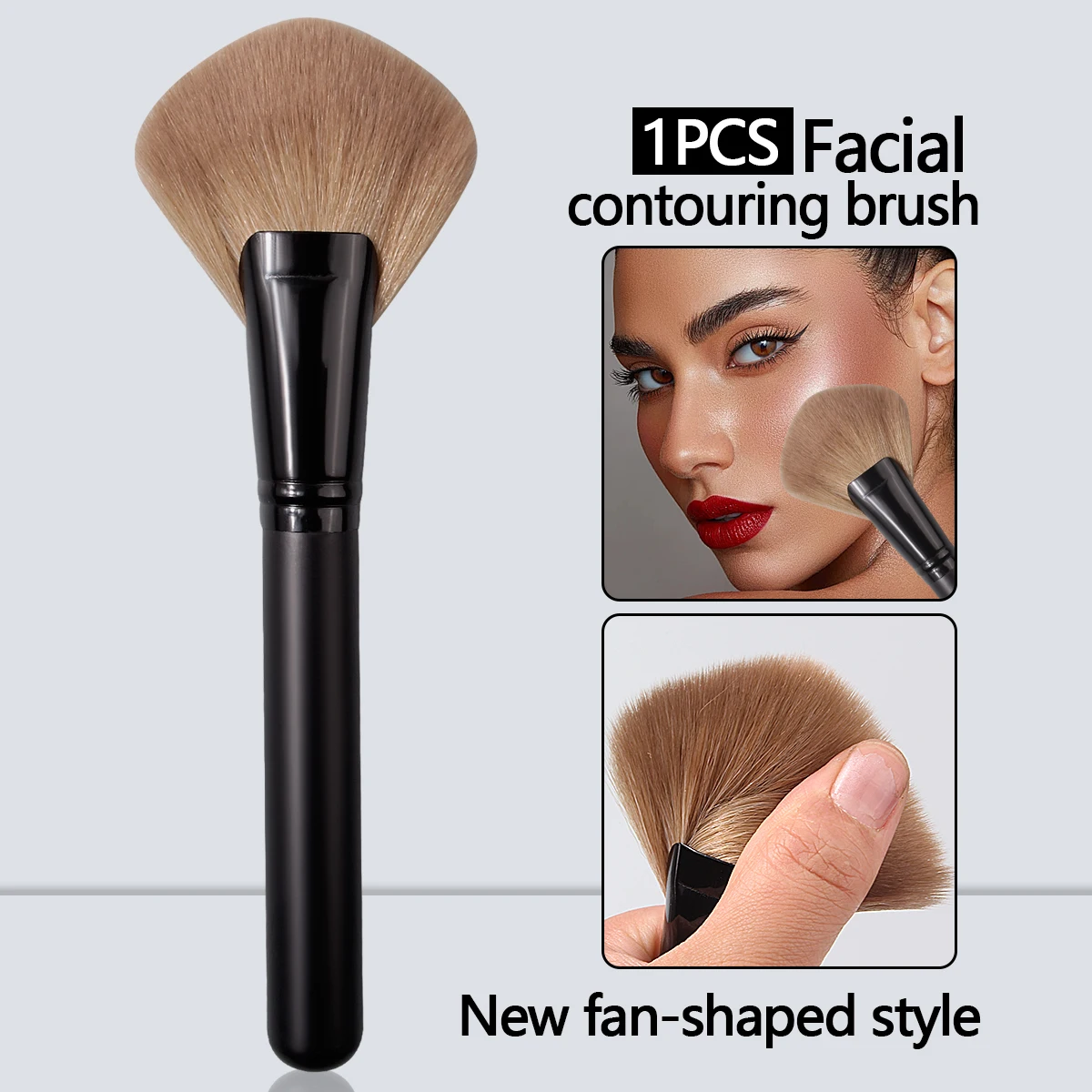 1 peça de novo pincel em forma de leque com cabo de madeira, pincel de contorno, pincel de blush e ferramenta multifuncional de pincel de maquiagem facial