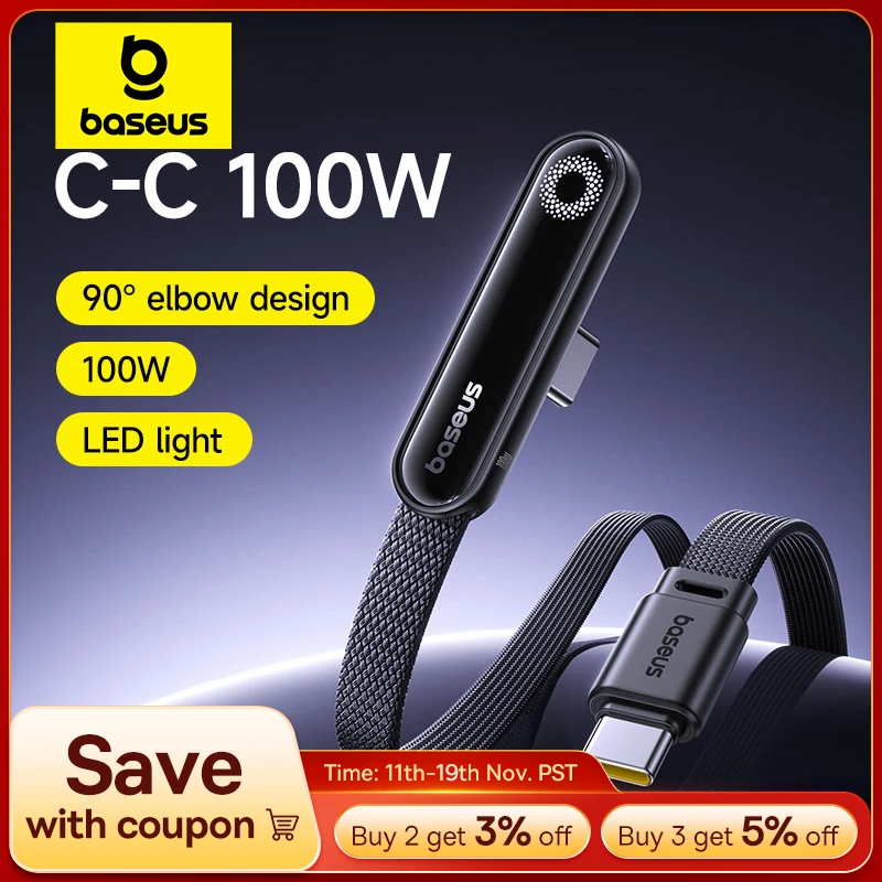 Baseus MVP3 Elbowed USB C Cable 100W For iPhone 17 16 15 Pro Max LED Type C Cable for Macbook pro Fast Charge Wire for Xiaomi