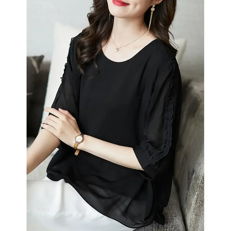 Summer Chiffon Plus Size Irregular Blouses O Neck Short Sleeve Solid Loose Shirt Tops Simplicity Fashion Casual Women Clothes