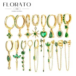 Florato-pendientes colgantes de aro para mujer, de Plata de Ley 925, aguja de oreja, oro turquesa, circonita verde Vintage, pendientes de moda