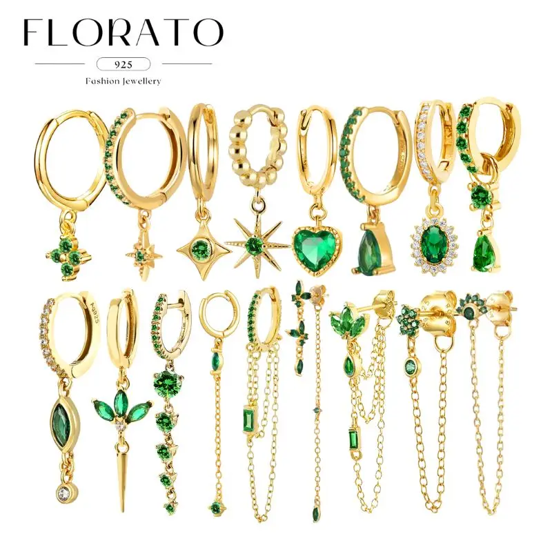 Florato 925 Sterling Silver Ear Needle Turquoise gold Series Hoop Drop Earrings Dla kobiet Vintage zielone kolczyki z cyrkoniami