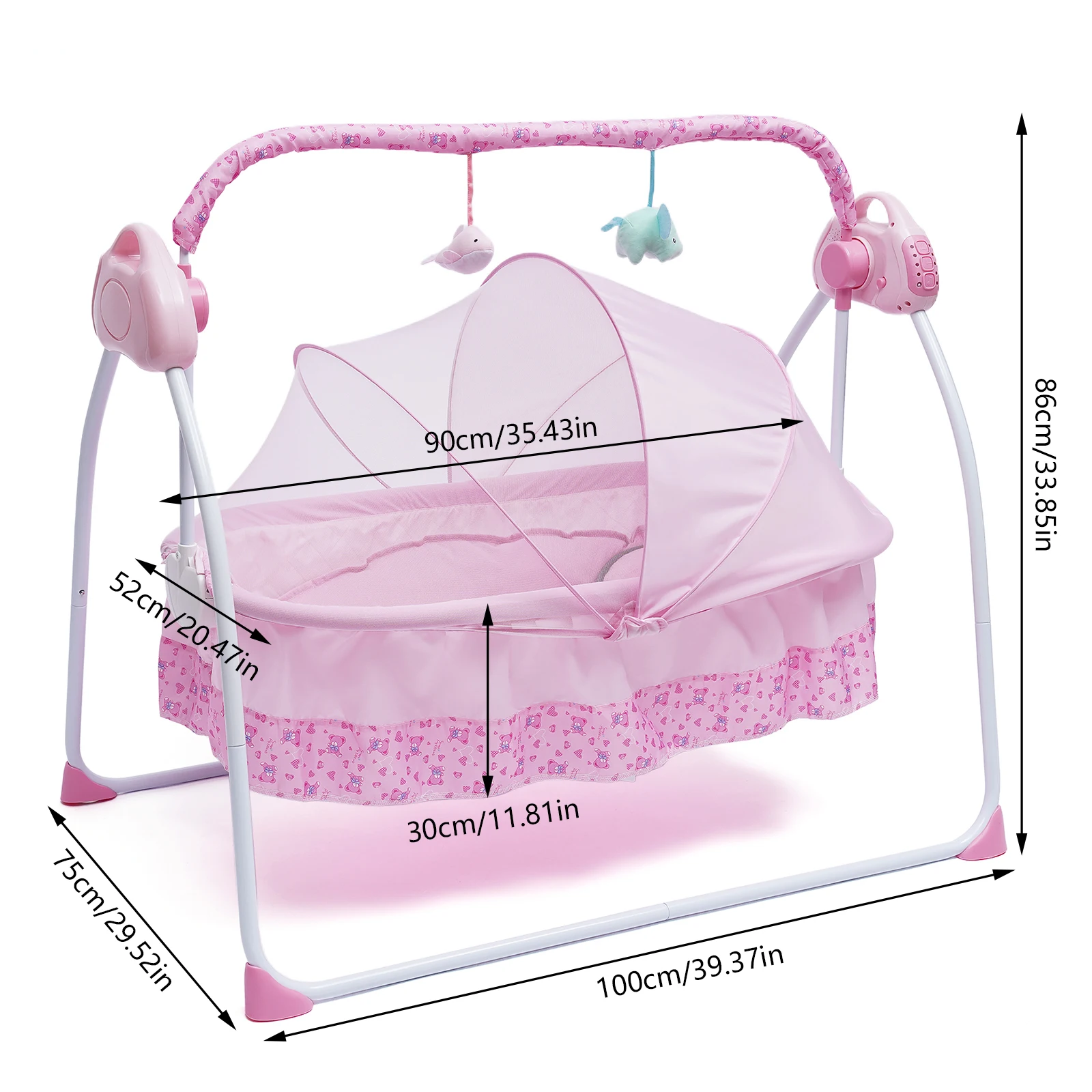Pink Adjustable Baby Crib Cradle Foldable Electric Auto-Swing Rocking Bassinet Timer Bluetooth Nursery Furniture + Mat