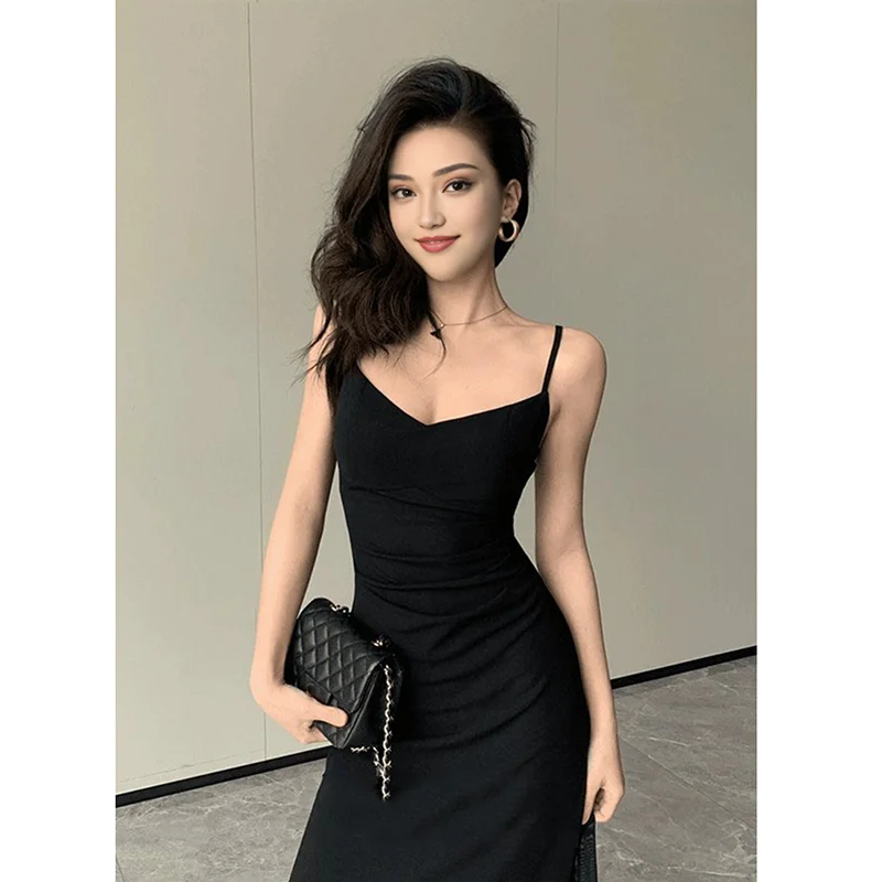 Vestido coreano de tirantes finos con cuello en V para mujer, vestidos de fiesta sexys con espalda descubierta y cintura ajustada, vestido Midi transparente negro elegante para mujer, nuevo