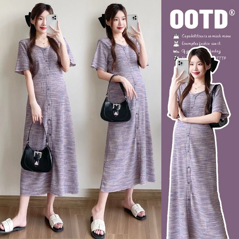 Round Neck Retro Style Maternity Dress Summer New Forest Style Design Striped Knitted Maternity Dress Pregnant Woman DressZI972