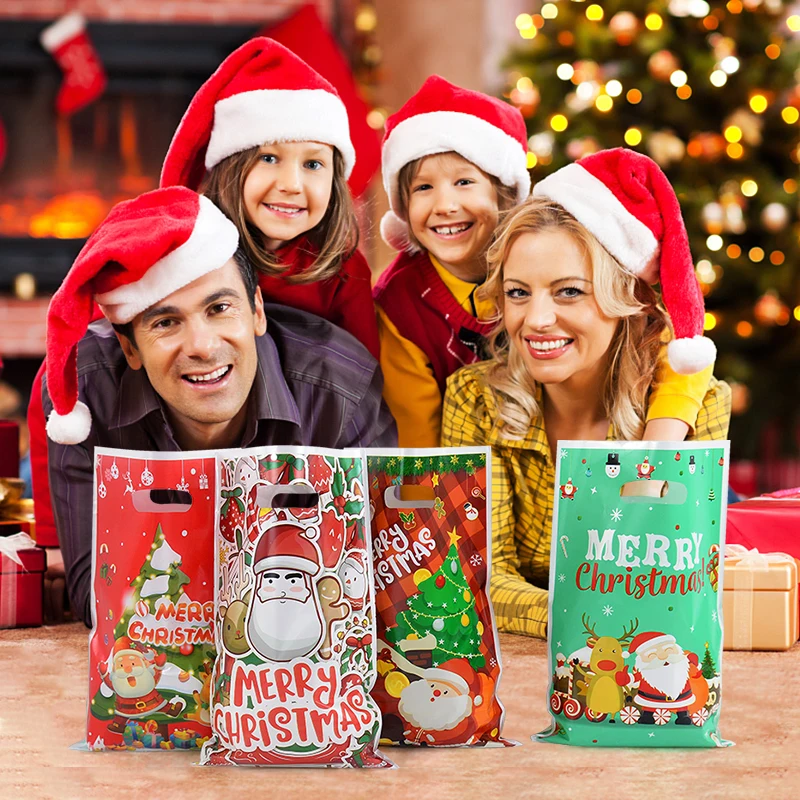 

10pcs Christmas Gift Bags Xmas Candy Cookie Packaging Bags Santa Claus Plastic Pouch Christmas Decoration 2023 New Year 2024