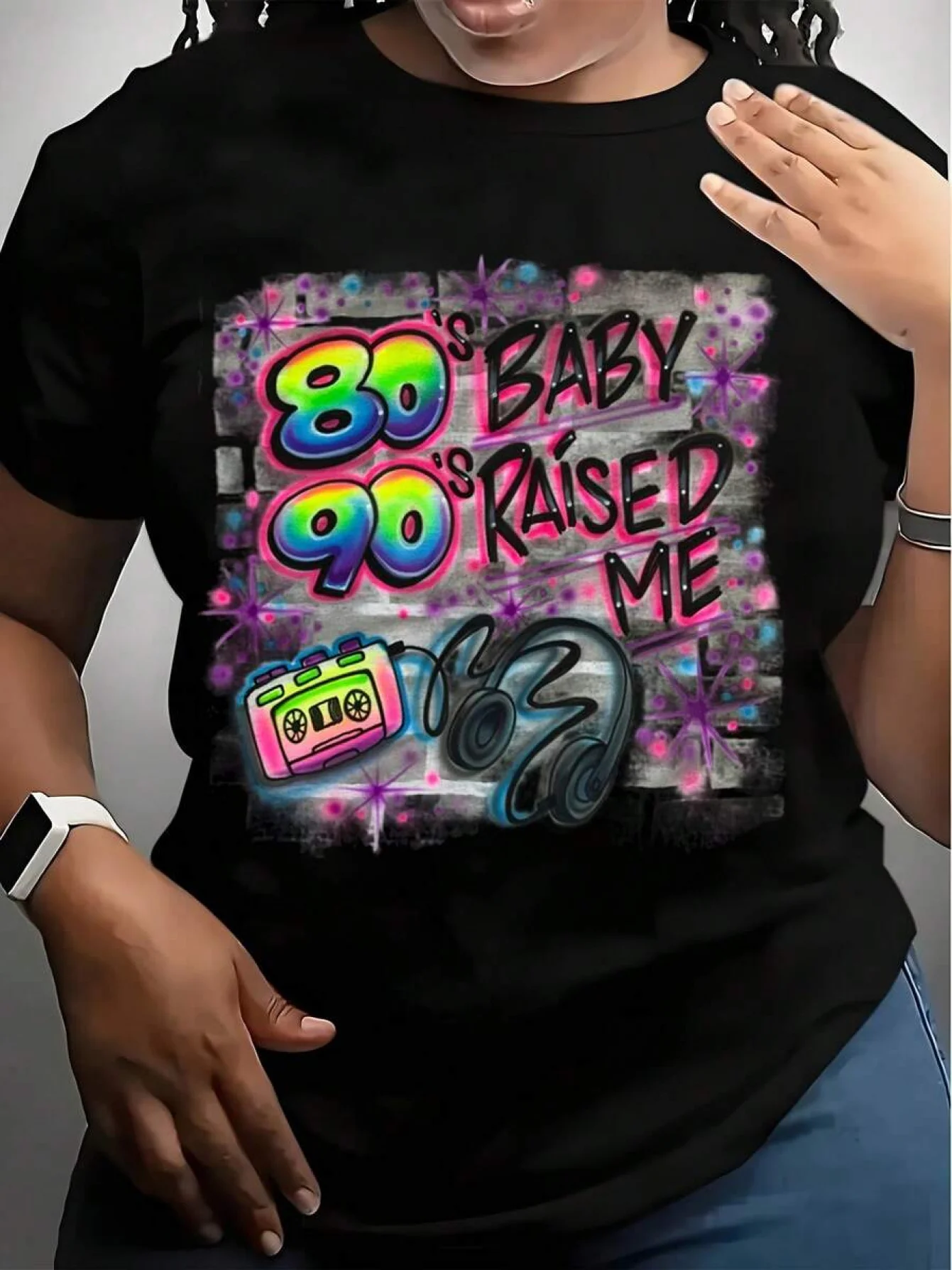 Plus Size 80s 90s Baby Raised Me Graphic Tee, Casual Round Neck Short Sleeve Regular Fit T-Shirt, Medium Stretch Top For Parties And Everyday Wear
