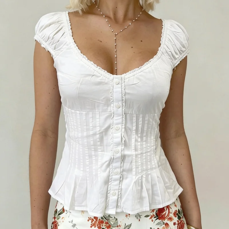 Women Y2k Coquette Shirts Short Sleeve U Neck Button Ruffle Lace Patchwork Fairy Grunge Going Out Tops Tees
