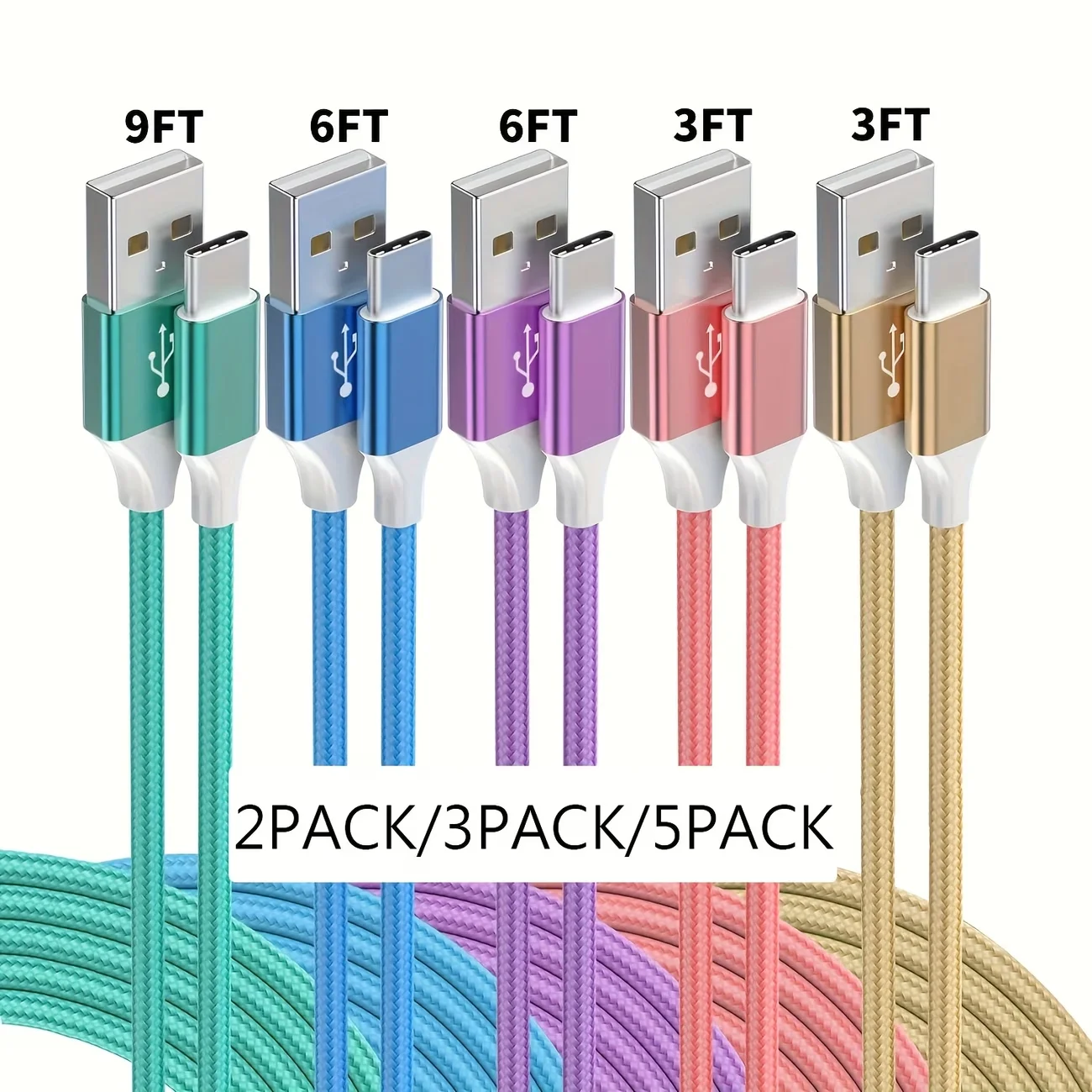 USB Type c Cable, 2/3/5PCS Nylon Braided USB C Cables 3A Fast Charging Charger for Samsung Galaxy S9/S8 Note8/9 20 10 S21 S2