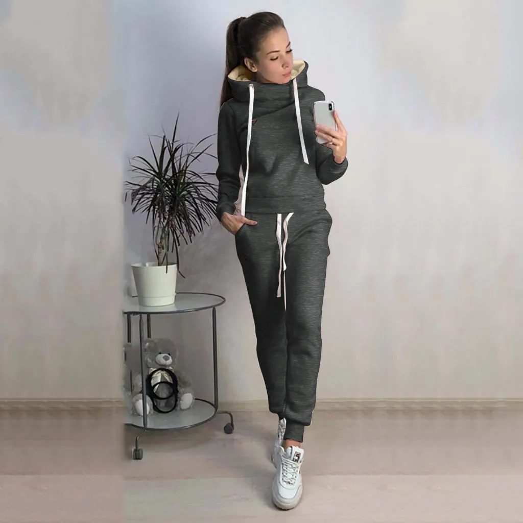 Plus Size Warm Fleece Lining Trouser Suits y2k Solid Color Sport Casual Women 2 Piece Set Turtleneck Hoodie+Drawstring Pant Sets