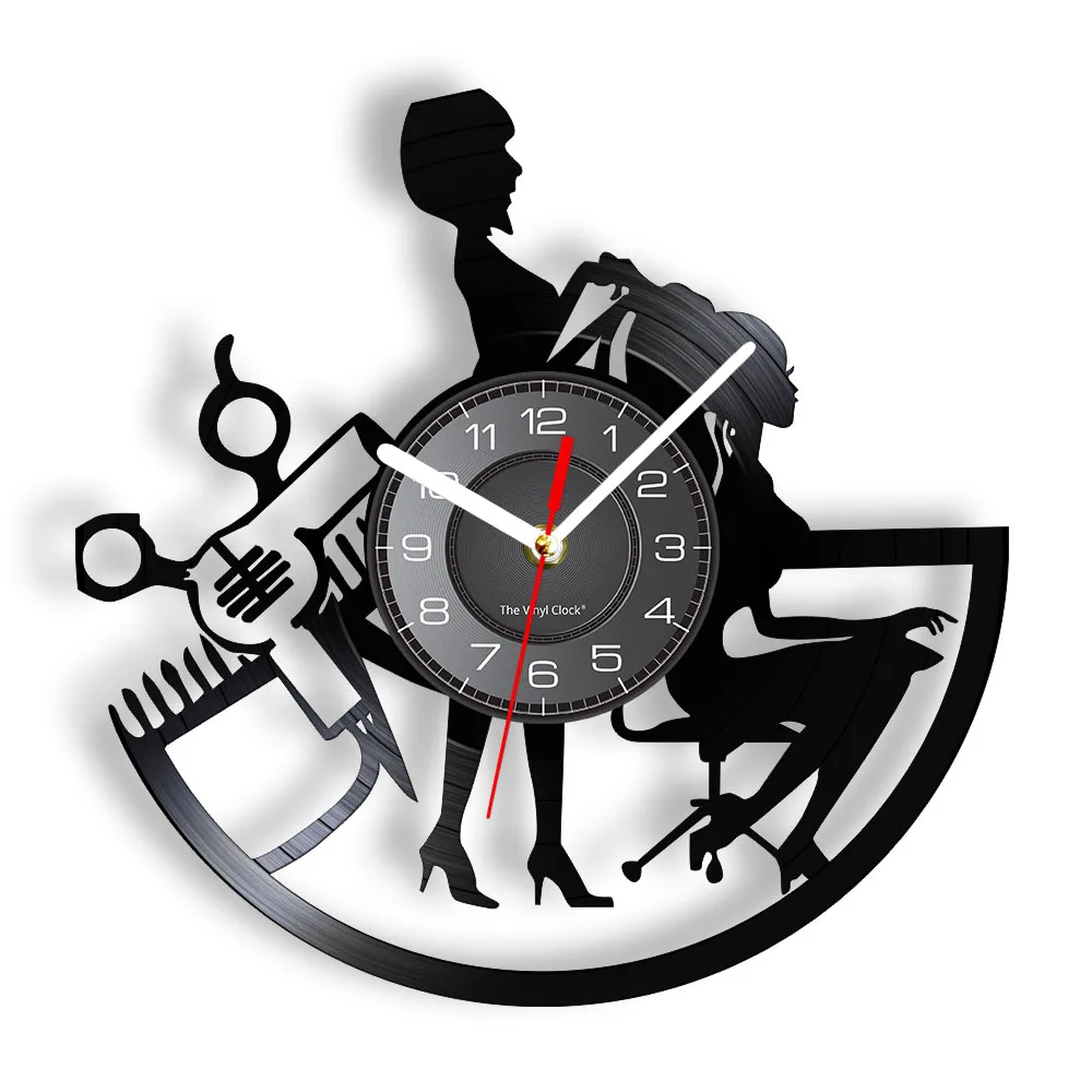 Beauty Salon Wall Clock Made Of Real Vinyl Record Hairdressing Tools Lady Haircut Center LED Wall Watch For Hair Salon Company