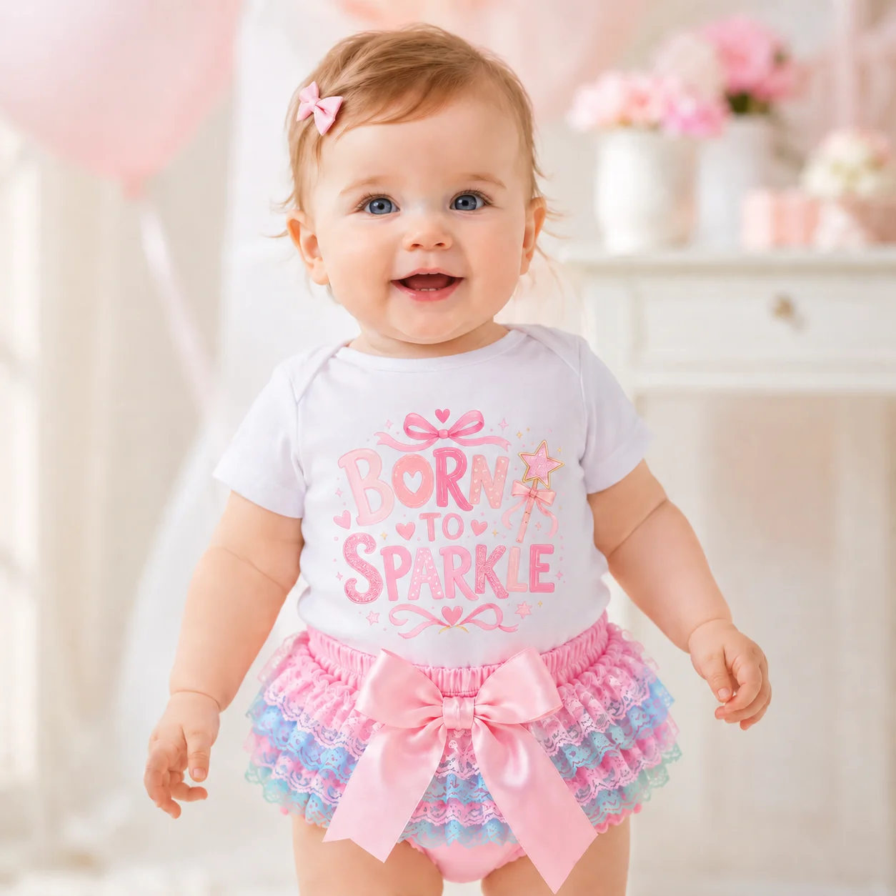 Newborn Baby Girl 2Pcs Outfit Born To Sparkle Print Short Sleeve Bodysuit Lace Rainbow Tutu Skirt Big Bow Princess Birthday Part