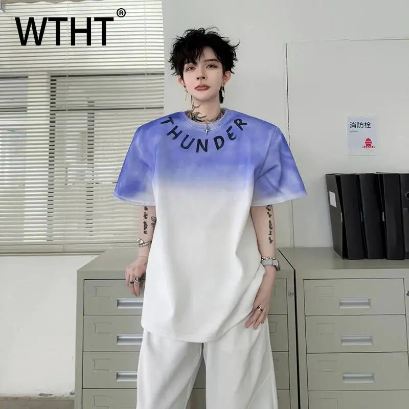 WTHT Trendy Men's Graffiti Gradient Letter Print Loose T-shirts Fashion 2026 Summer High Street Round Collar Tops Male 2A3111
