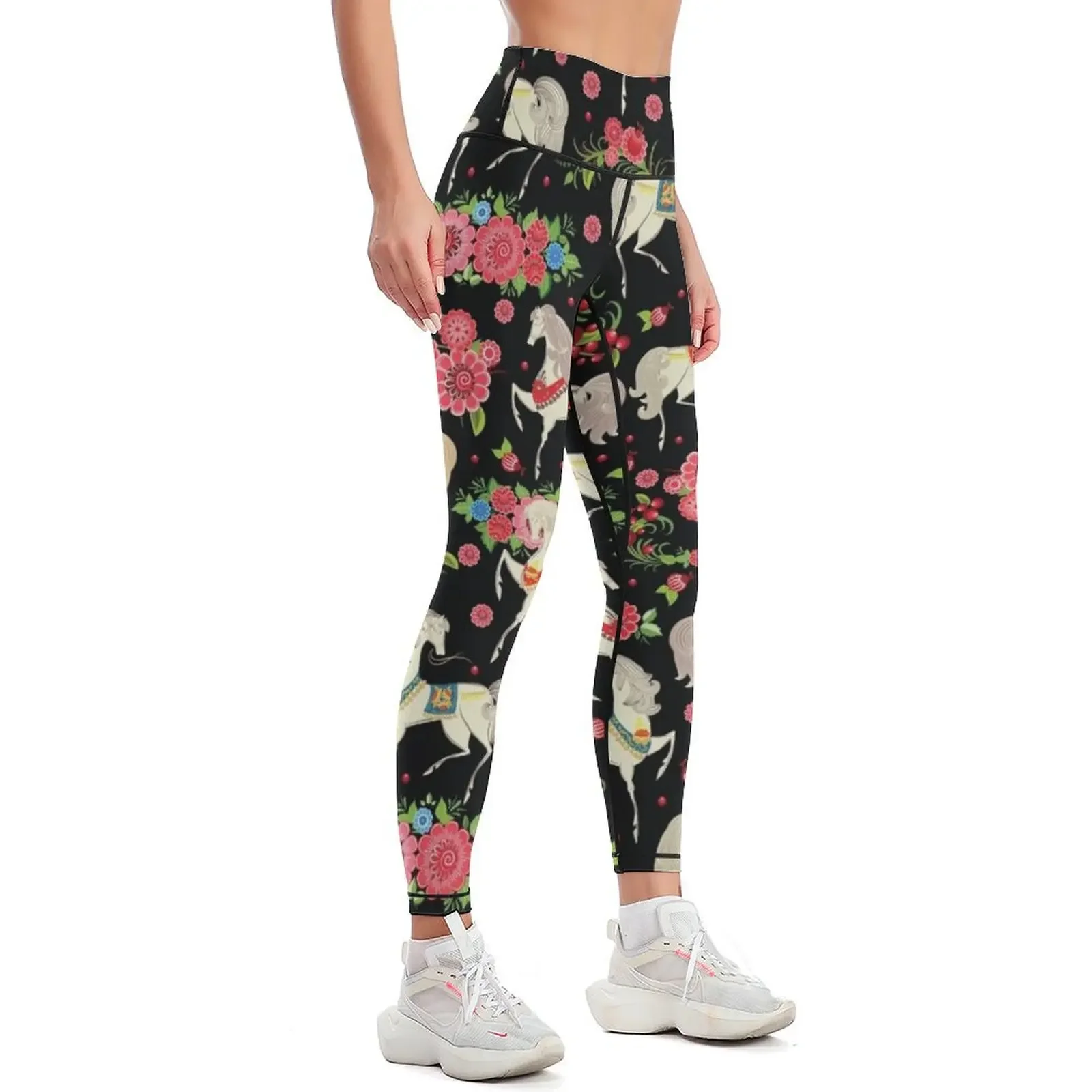 Dancing Horse with Red Rose Flower in Black Background Pattern Leggings sports shirts gym Women's sports pants Womens Leggings