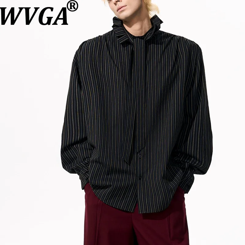 

WVGA Spring Autumn New Man High Street Detachable Tie Striped Trendy Long Sleeve Shirts Niche Chic Casual Cotton Tops Ins W12556