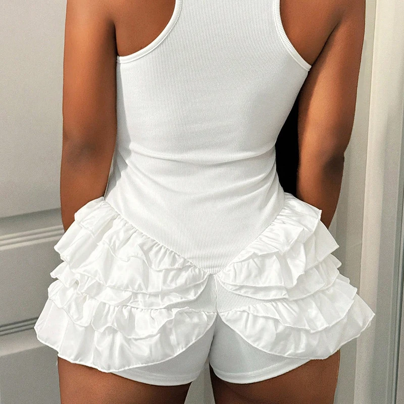 BKLD Cinturino carino Tutina Solido Vita alta Colletto a U Senza maniche Volant Pieghettato Pacchetto Hip Tuta Pantaloncini Casual Sexy Streetwear