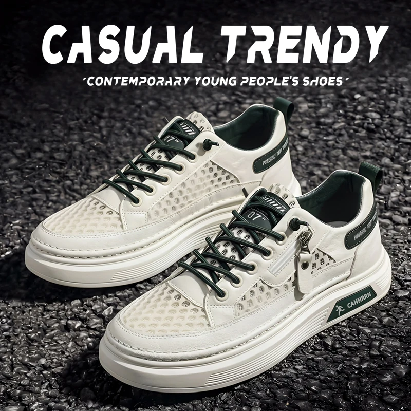 Laceless men's versatile large mesh slip-on casual shoes, white sneakers, fashionable thick-soled versatile student trendy shoes