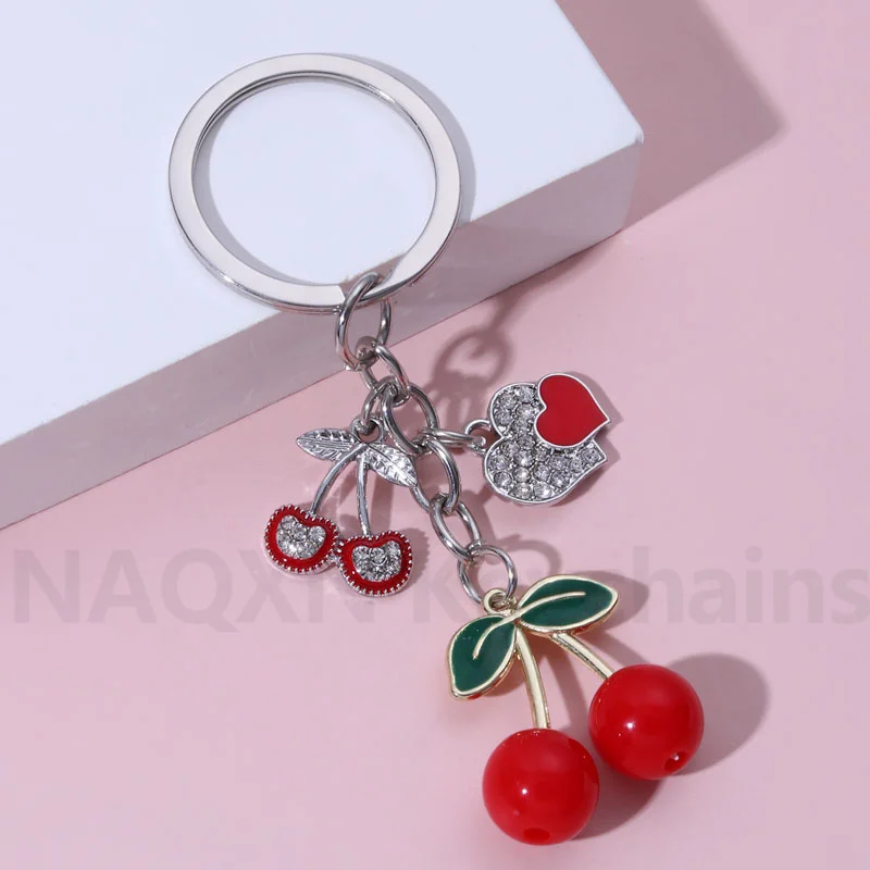 Pretty Cherry Keychain Romantic Love Heart Fruit Key Ring For Women Girl Friendship Gift Bag Decoration Handmade Jewelry Set