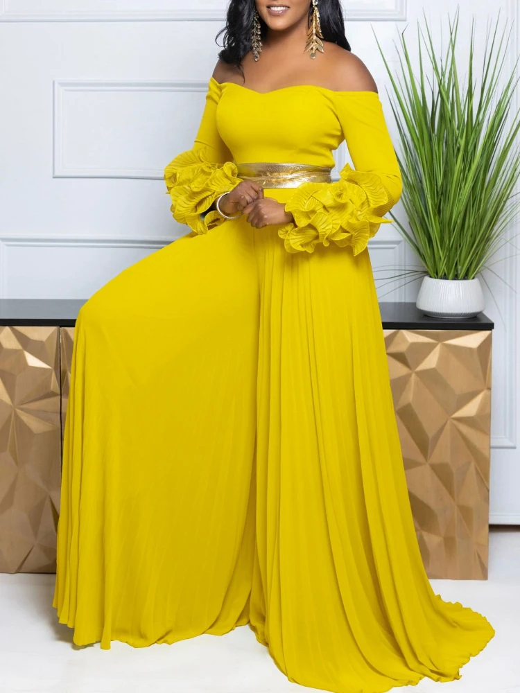 Elegant Pleated Jumpsuit 2025 New Fashionable One-piece Collar Ruffled Sleeves Solid Color Pleated Wide Leg African Jumpsuit