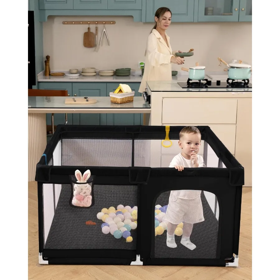Baby Playpen with Non Removable Mat, Extra Large Play Yard for Babies & Toddlers, Portable Travel Playpen (Black 50"×50")