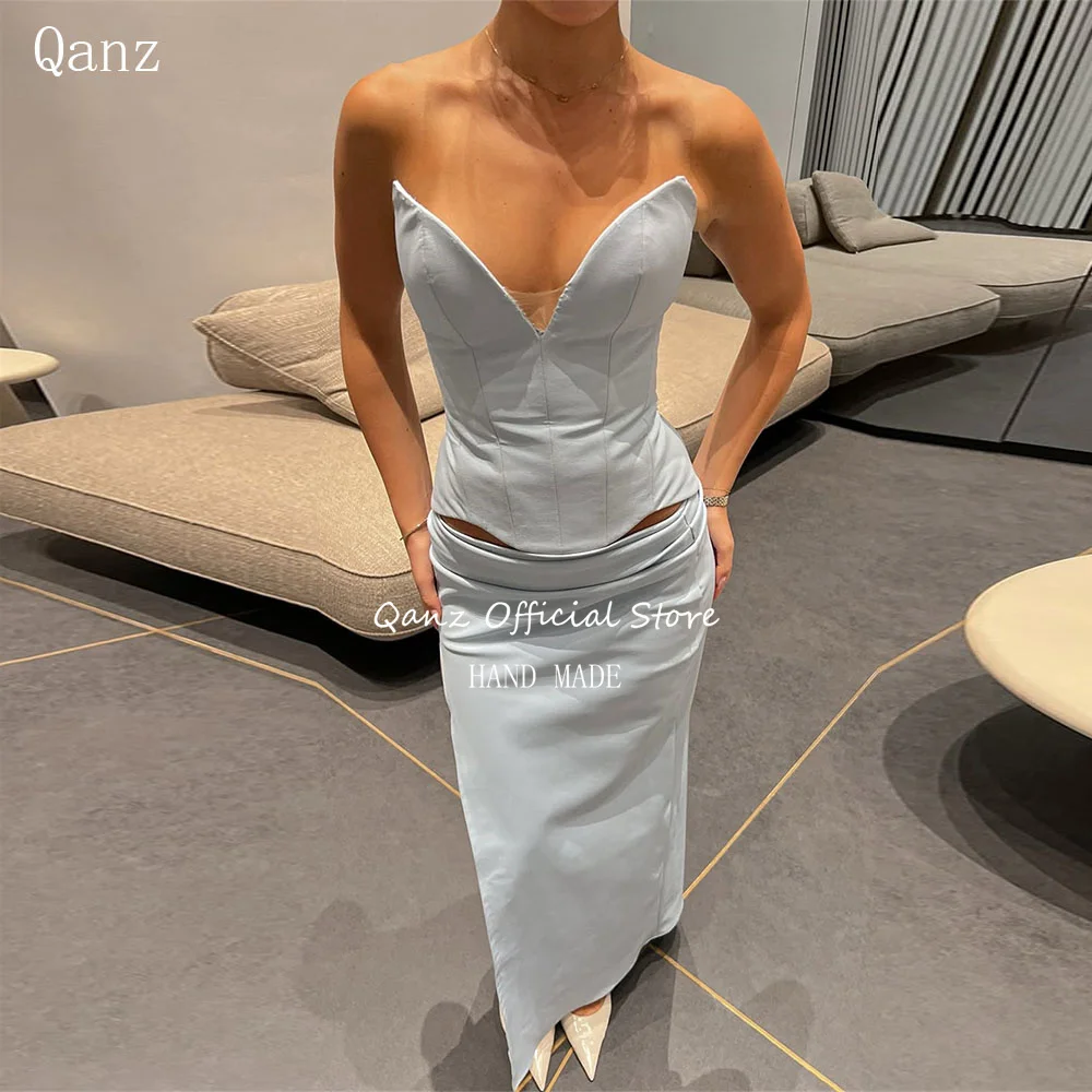 

Qanz Sky Blue Satin Evening Dresses Women Mermaid Sweetheart Backless Robes De soirée 2 Pieces Wedding Guest Dresses Customized